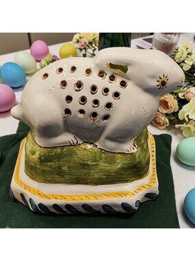 Vintage Portugal Ceramic Bunny Toothpick Holder With Hand-Painted Details 3.5"